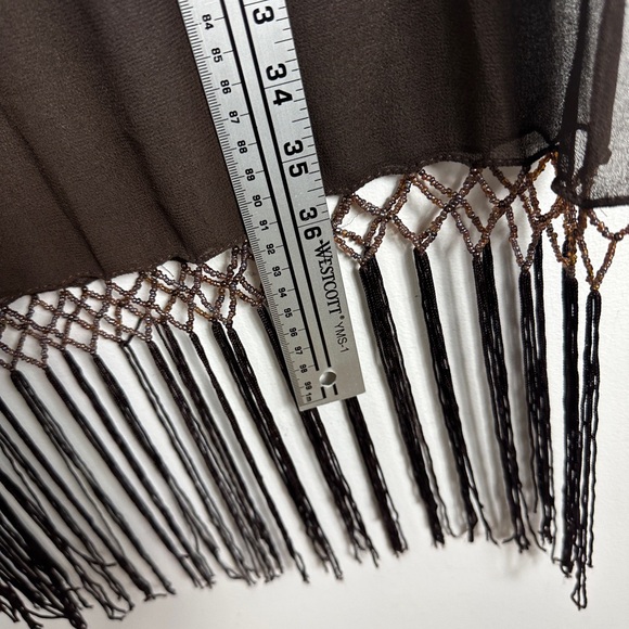 Brown Beaded Fringe Sheer Rectangular Scarf Bohemian Tassel 20" x 36" Wrap Skirt - Picture 15 of 15